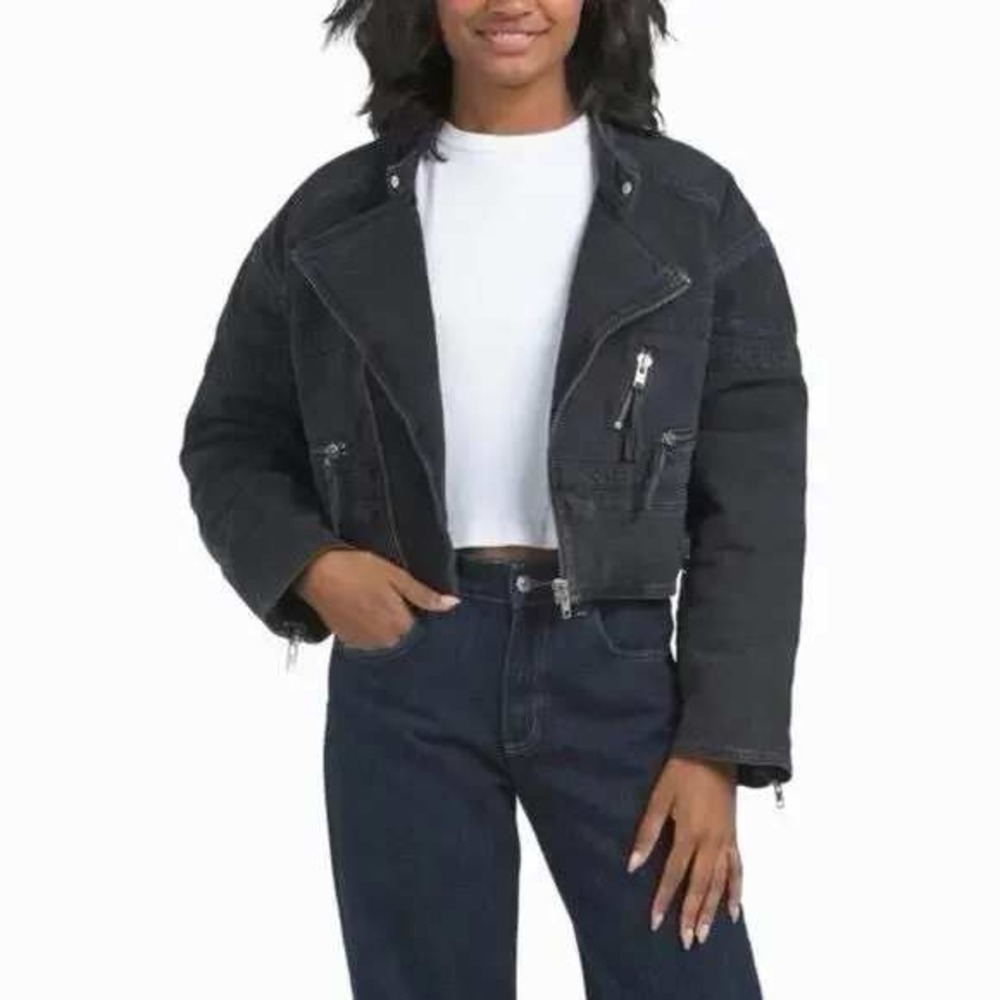 Good American Denim Cropped Moto Jacket Womens 2XL Black Streetwear Grunge Biker
